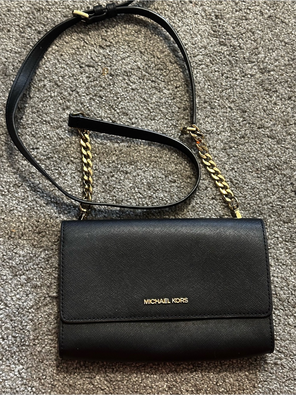 Michael Kors Black Leather Crossbody with Gold Chain